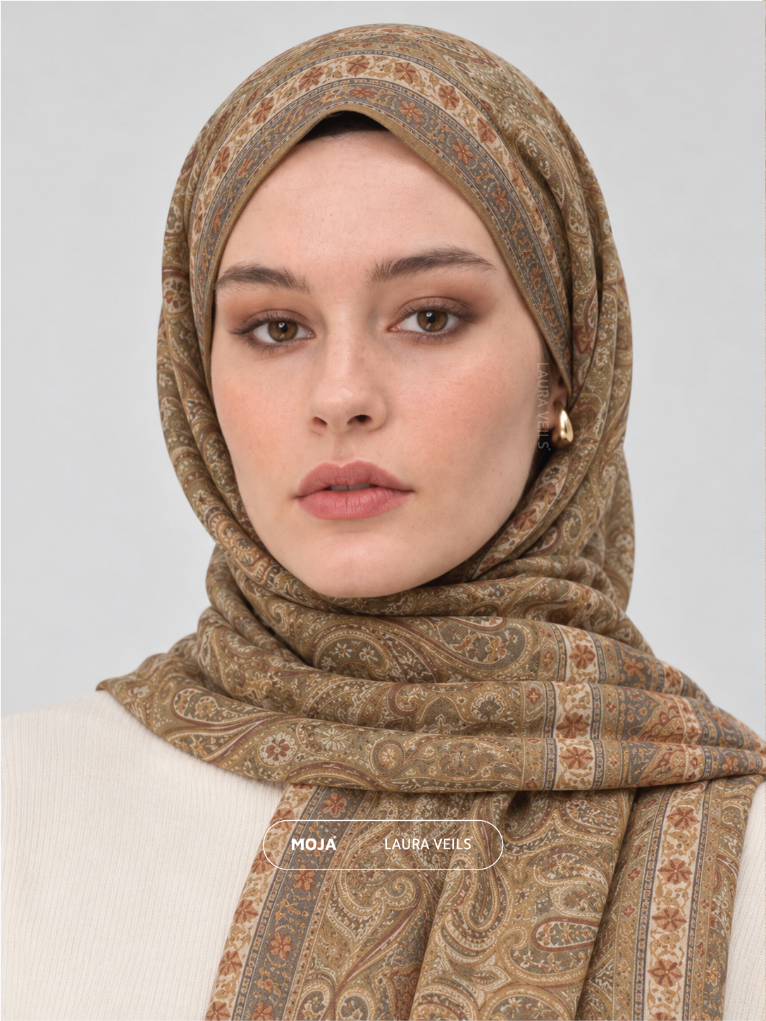 Paisley Printed Hijab – Khaki Sand – Moja Soft Chiffon Printed Shayla – 2m length