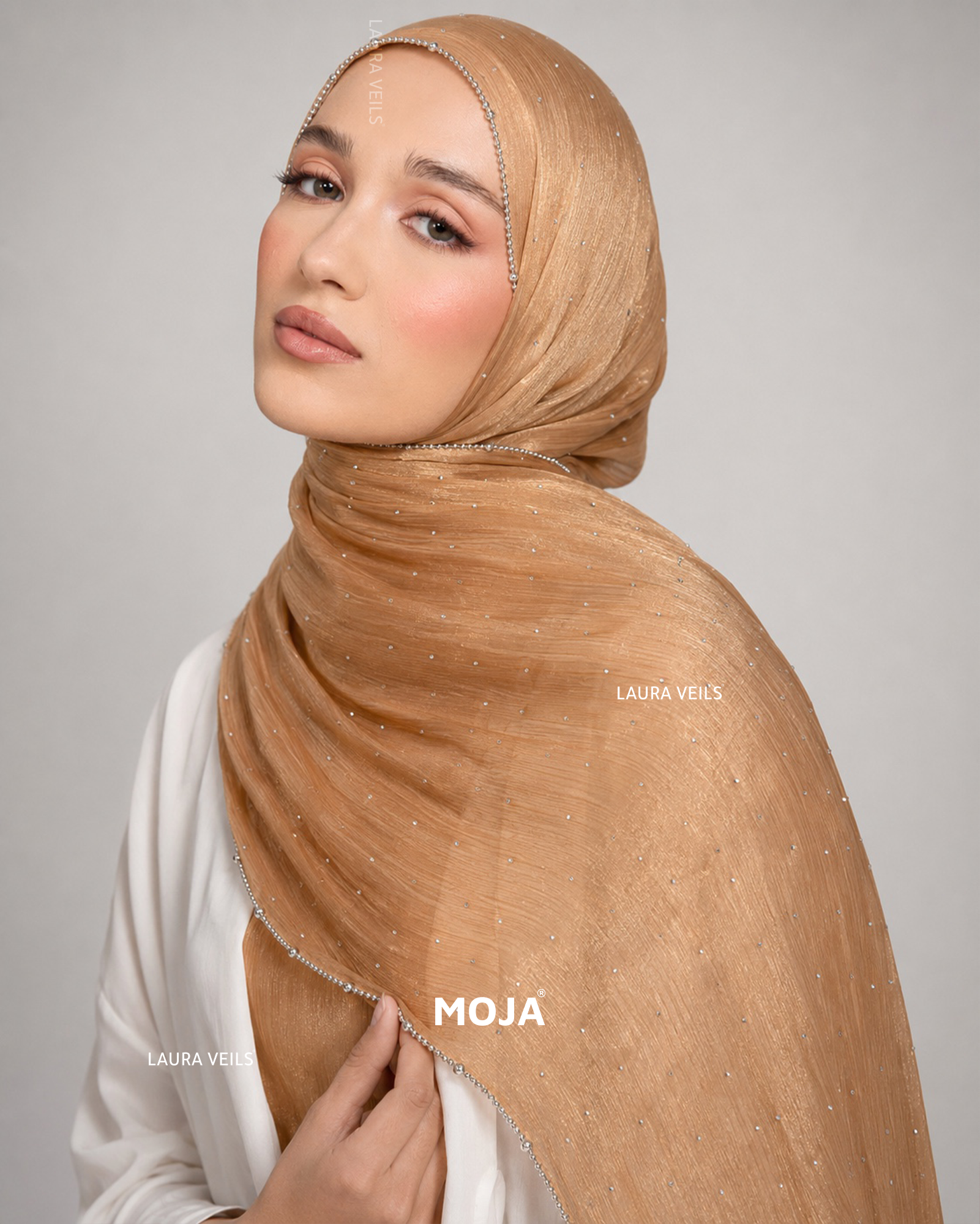 Antique Moja Organza Shimmer Party Hijab – Dewdrop with Silver Chain Lace Border, 2m