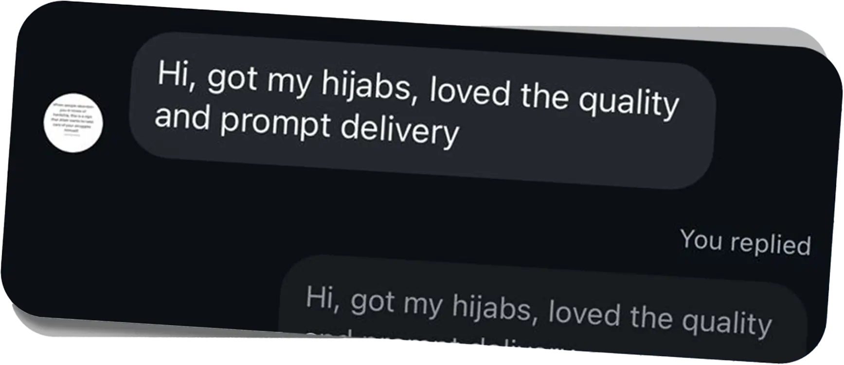 Customer message: loved the quality and prompt delivery