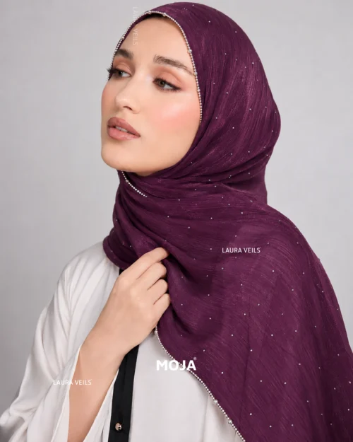 Woman wearing wine plum Moja organza shimmer hijab, silver chain lace border, draped instant style